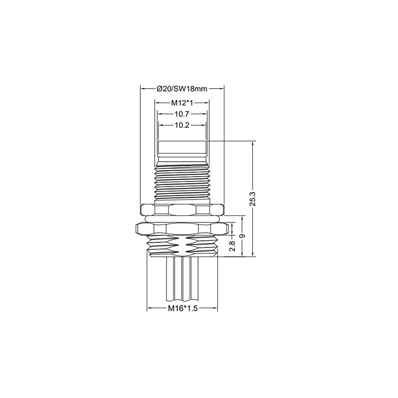 Push-pull m12 3pins A code male straight rear panel mount connector M16 thread,unshielded,single wires,brass with nickel plated shell